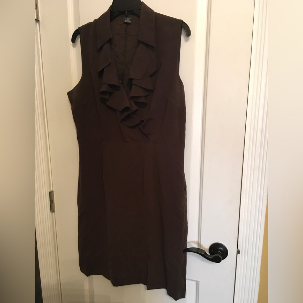 Spense Brown Sleeveless Ruffle V-Neck Dress 14